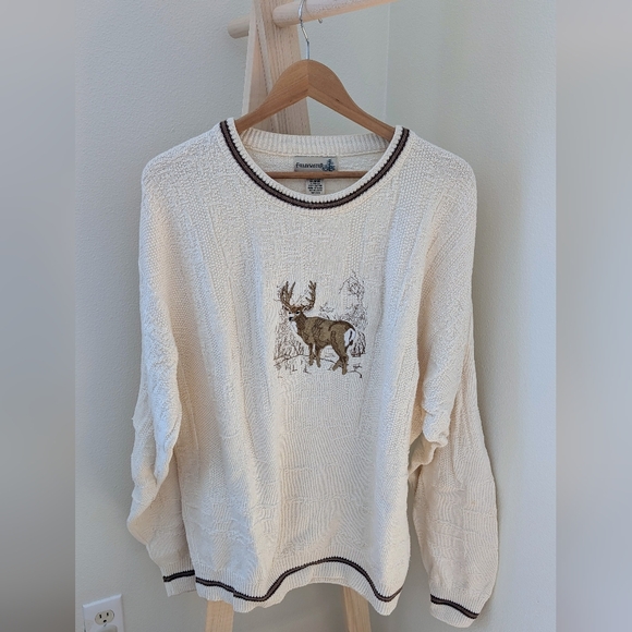 Vintage Chunky Textured Deer Embroidered Crewneck Sweater In Ivory - Picture 2 of 9